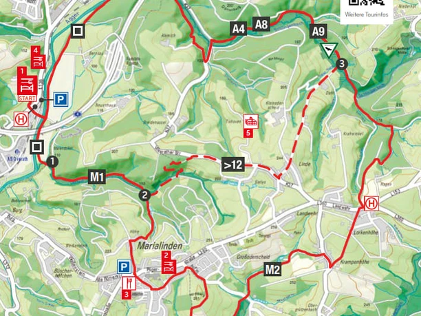 Wegbeschreibung Aus dem Tal der Agger zum Dom auf der Höhe.jpg Wanderkarte mit rot markierter Rundwanderroute durch grünes Wald- und Wiesengebiet im Bergischen Land.