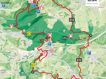 Wegbeschreibung Fernblick zwischen Hexentanz und Ballebäuschen.jpg Wanderkarte mit rot markierter Route, zahlreichen Symbolen für Sehenswürdigkeiten und Parkplätzen in Grün.