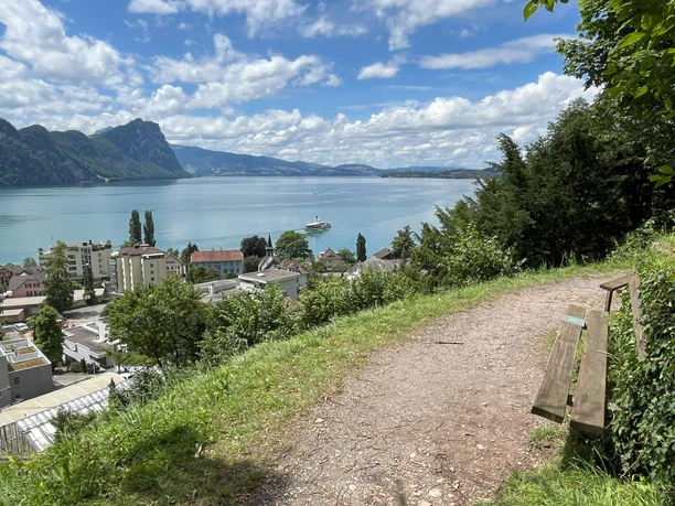 Plattenbänkli Vitznau mit Dampfschiff.jpg