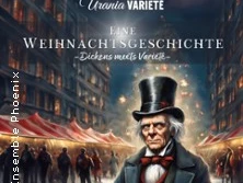Eine winterliche Szene mit Scrooge aus "Eine Weihnachtsgeschichte" in einem lebhaften Varieté-Setting.