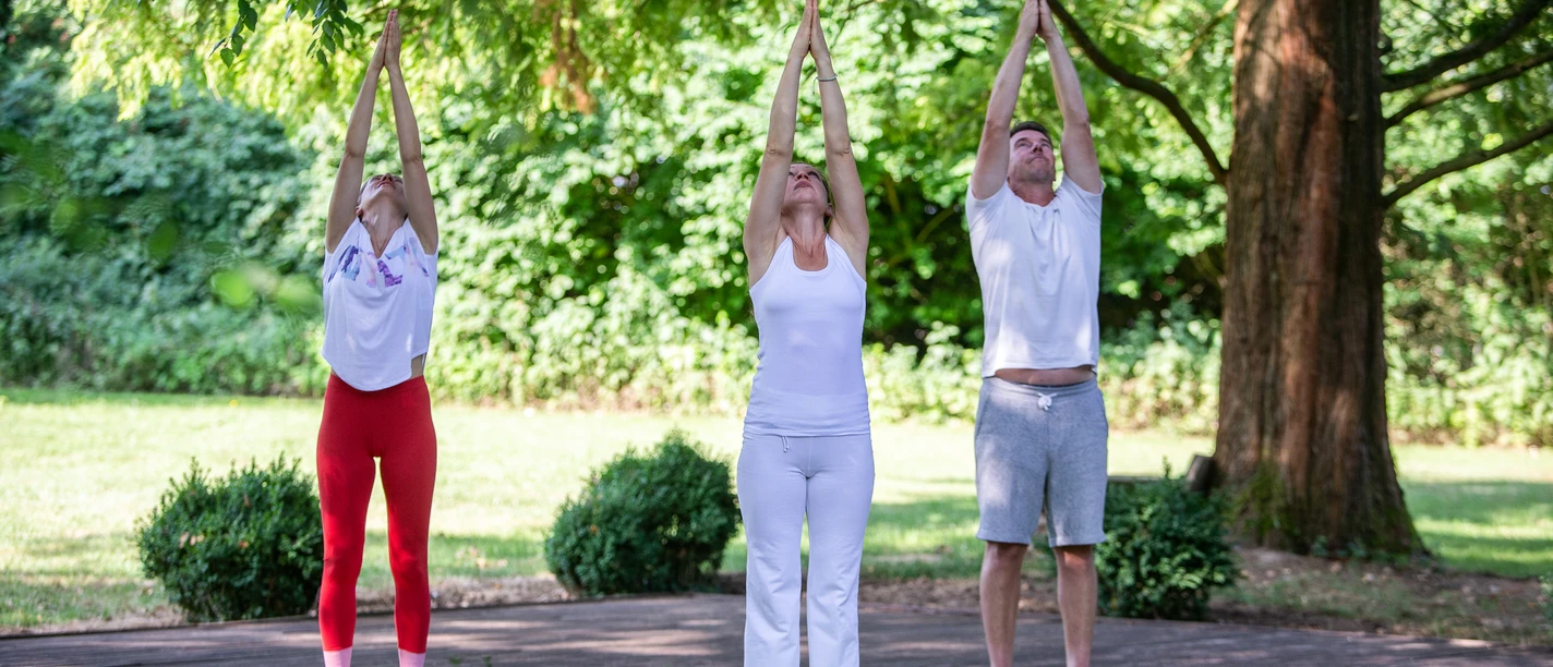 Sport im Park Drei Personen praktizieren Yoga im Freien auf einer Holzbühne, umgeben von Bäumen im Park.