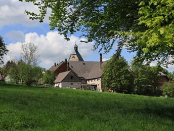 Blick auf eine grüne Wiese vor dem Dorf St. Kilian, umgeben von Bäumen und traditioneller Architektur.