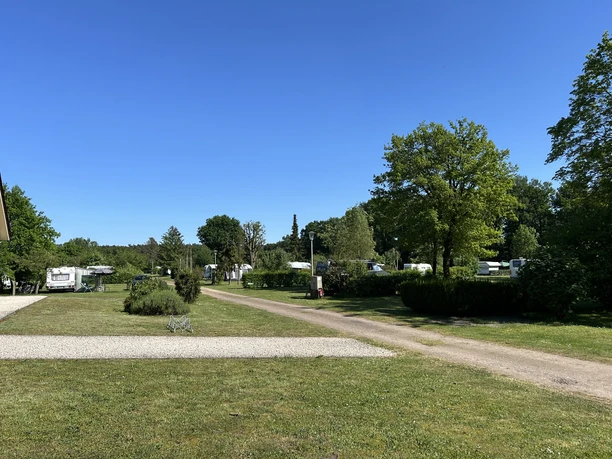 Campingplatz Emstal Sustrum ©Emsland Tourismus GmbH (3).jpeg Grüne Stellflächen mit Wohnwagen und Bäumen unter blauem Himmel auf dem Campingplatz Emstal