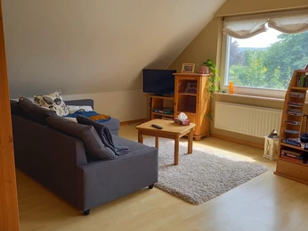 Ferienwohnung Schwarz Wohnz..jpg Gemütliches Wohnzimmer mit grauem Sofa, Holztisch, Fernseher und großem Fenster mit Gartenblick.