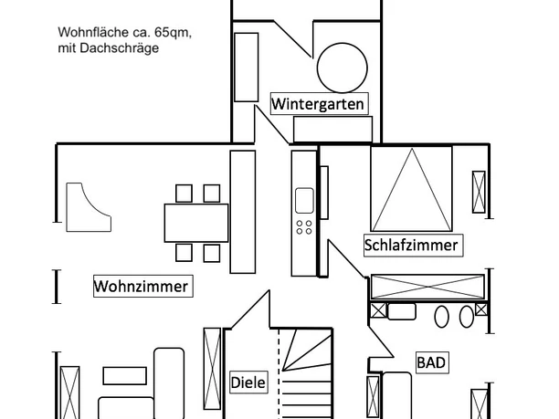 Grundriss einer 65 Quadratmeter großen Wohnung mit Wohnzimmer, Schlafzimmer, Bad und Wintergarten.