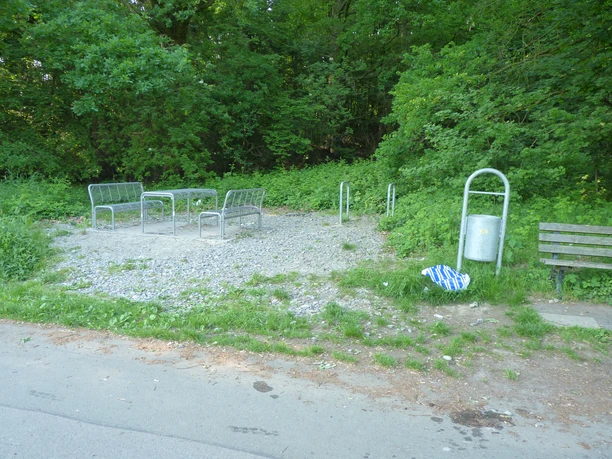 Grüne Parklandschaft mit mehreren Fahrradständern, Sitzgelegenheiten ohne Tische und einer Parkbank.