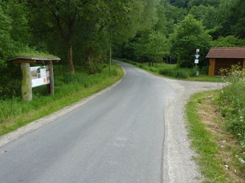 Eine asphaltierte Landstraße führt durch üppiges Grün, vorbei an einem Wegweiser und einem Holzunterstand.