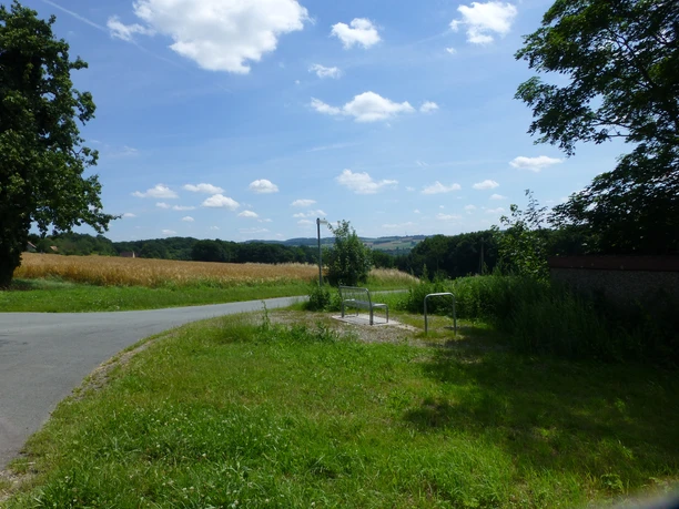 Ein kleiner, ländlicher Weg verläuft durch grüne Wiesen und Felder unter einem sonnigen, blauen Himmel.