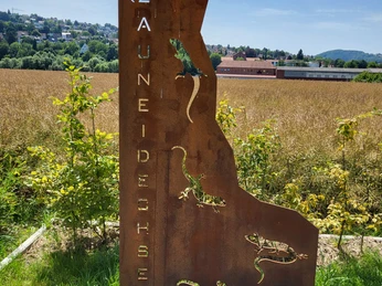 Metallschild mit ausgestanzten Eidechsen, auf grünem Feld vor einem klaren blauen Sommerhimmel.
