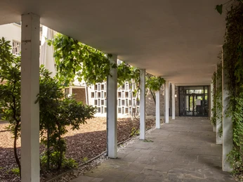 Luther Church Ein Pavillon mit modernen weißen Betonsäulen führt durch eine beruhigende, schattige Allee. Grünpflanzen ranken lebendig um die Säulen, während die Natursteinfliesen den Boden zieren.A pavilion with modern white concrete columns leads through a calming, shady avenue. Green plants entwine vividly around the columns, while natural stone tiles adorn the floor.