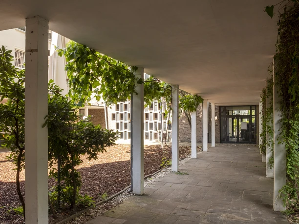 Luther Kirche Ein Pavillon mit modernen weißen Betonsäulen führt durch eine beruhigende, schattige Allee. Grünpflanzen ranken lebendig um die Säulen, während die Natursteinfliesen den Boden zieren.