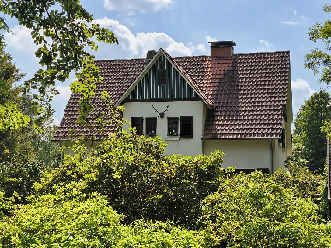 Sattes Grün umgibt das Forsthaus Hövelhof mit einem Giebel und roten Ziegeldach unter blauem Himmel.