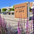 Henkenplatz in Hövelhof mit lila Blumen im Vordergrund und modernen Gebäuden sowie Bäumen im Hintergrund.