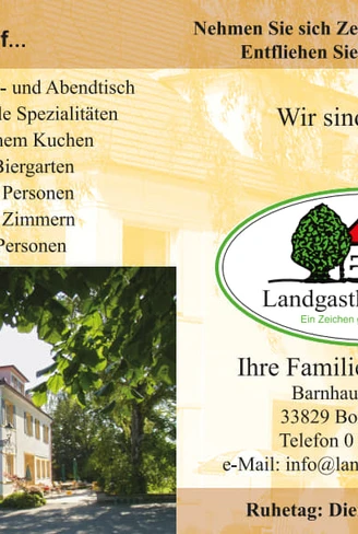 Werbeflyer des Landgasthofs Potthoff mit Bildern des Gebäudes und Informationen zu Angeboten.