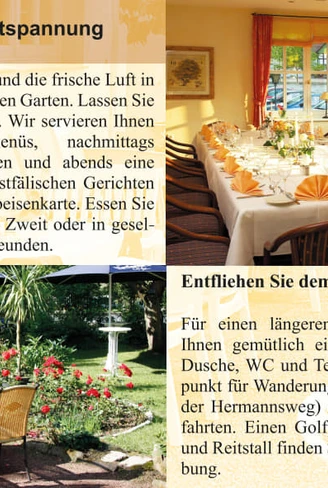Restaurant mit gemütlichem Wintergarten, elegant gedeckten Tischen, Blick auf grünen Garten.