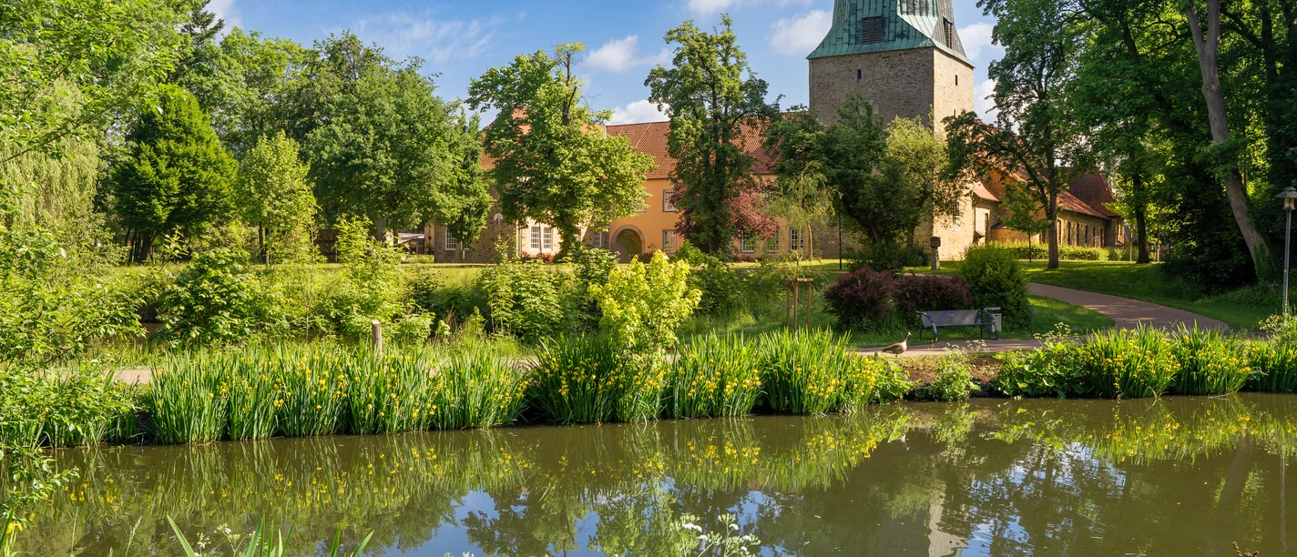 fuerstenau-schloss-copyright-tol-foto-max-wiesenbach (2).jpg Kerktoren en kloostergebouw achter een vijver met bloeiende oeverplanten en blauwe lucht.