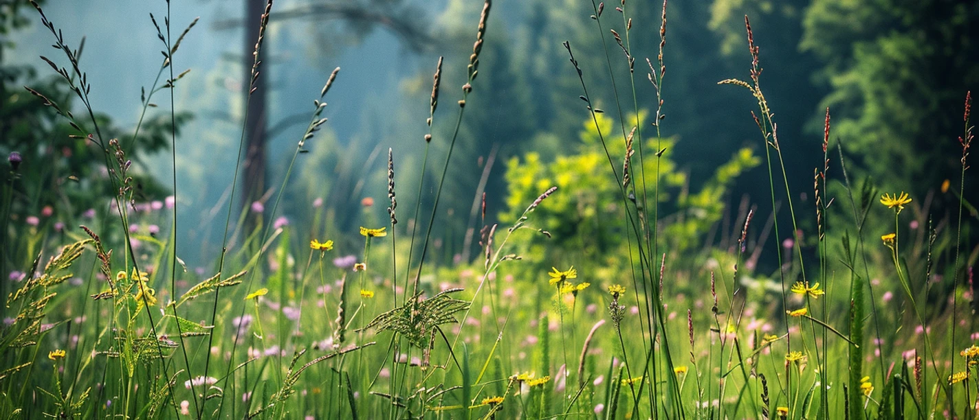 Wandern und Yoga in der Sächsischen Schweiz Wiese mit hohen Gräsern und gelben Wildblumen im Vordergrund, umgeben von einem dichten, grünen Wald im Hintergrund bei sanftem Licht.