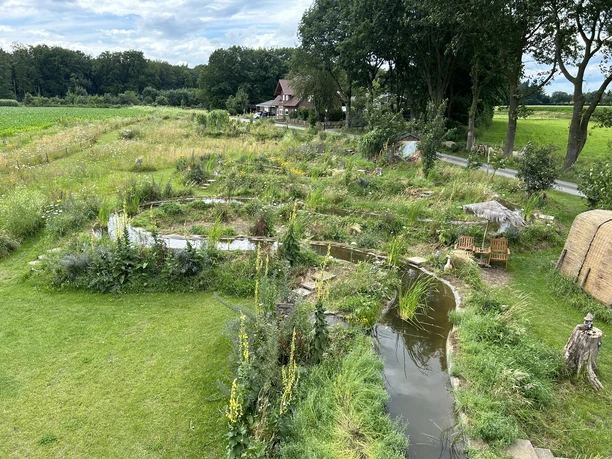 Grüner Park mit kleinem Wasserlauf, umgeben von Wiesen, Sitzbänken und Bäumen am Feldrand.