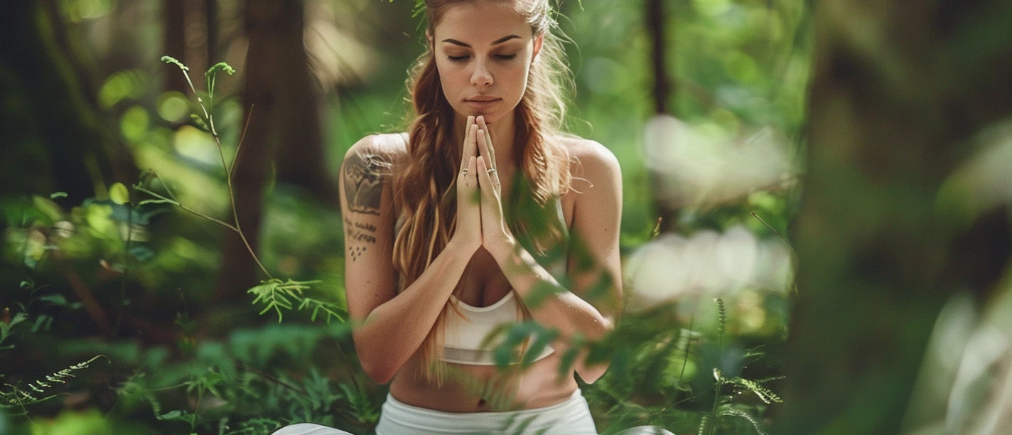 A woman meditates in the forest, sitting cross-legged, surrounded by green, dense vegetation.