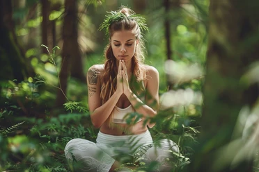 Yoga A woman meditates in the forest, sitting cross-legged, surrounded by green, dense vegetation.