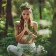 Yoga Eine Frau meditiert im Wald, sitzend im Schneidersitz, umgeben von grüner, dichter Vegetation.A woman meditates in the forest, sitting cross-legged, surrounded by green, dense vegetation.Žena medituje v lese, sedí se zkříženýma nohama a je obklopena zeleným hustým porostem.Kobieta medytuje w lesie, siedząc ze skrzyżowanymi nogami, otoczona zieloną, gęstą roślinnością.Een vrouw mediteert in het bos, in kleermakerszit, omringd door groene, dichte vegetatie.Una donna medita nella foresta, seduta a gambe incrociate, circondata da una vegetazione verde e fitta.