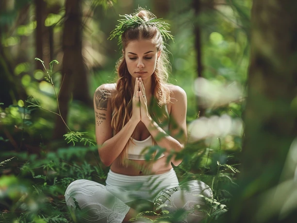Yoga Eine Frau meditiert im Wald, sitzend im Schneidersitz, umgeben von grüner, dichter Vegetation.