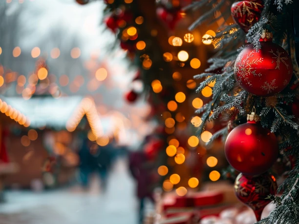 Weihnachtsfeeling Rote Weihnachtskugeln und Tannenzweige mit Lichtern geschmückt, im Hintergrund ein unscharfer Weihnachtsmarkt mit stimmungsvoller Beleuchtung.