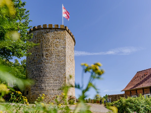Runder Burgturm aus Stein mit Zinnen und wehender rot-weißer Fahne bei klarem Himmel.