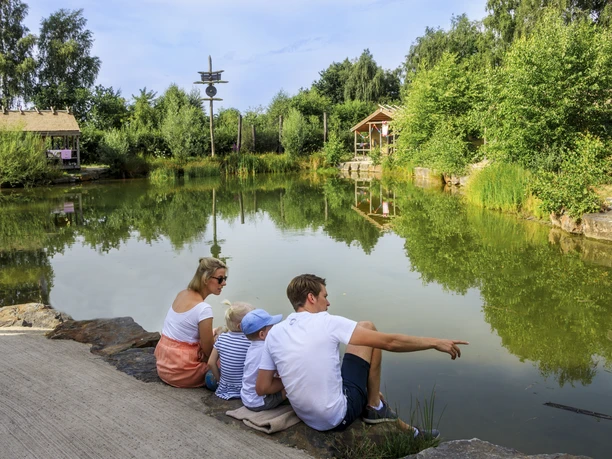 Alfsee Ferien- und Erlebnispark Familie am Teich auf Steinmauer sitzend, umgeben von Bäumen, beobachtet das Wasser.