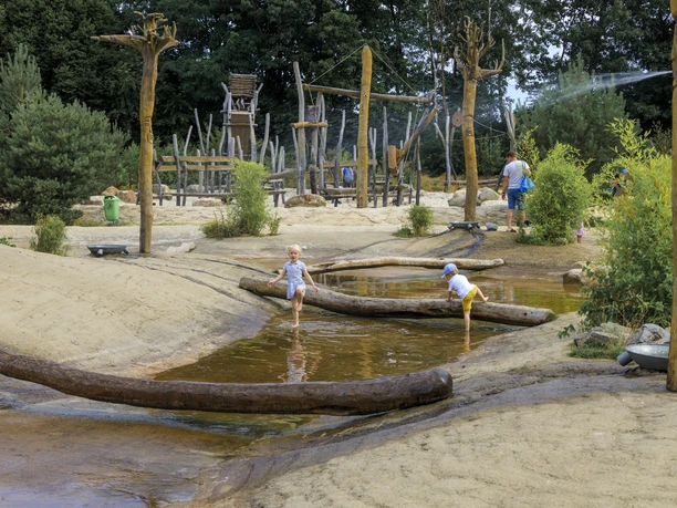 alfsee-ferienpark-germanenland(c)tol-foto-jurjen-drenth (31).JPG Kinderspielplatz mit Wasserspielbereich, Holzinstallationen und spielenden Kindern.