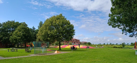 Großes Hüpfkissen Kinder toben auf einem großen rot-gelben Hüpfkissen auf einer weitläufigen grünen Spielwiese.