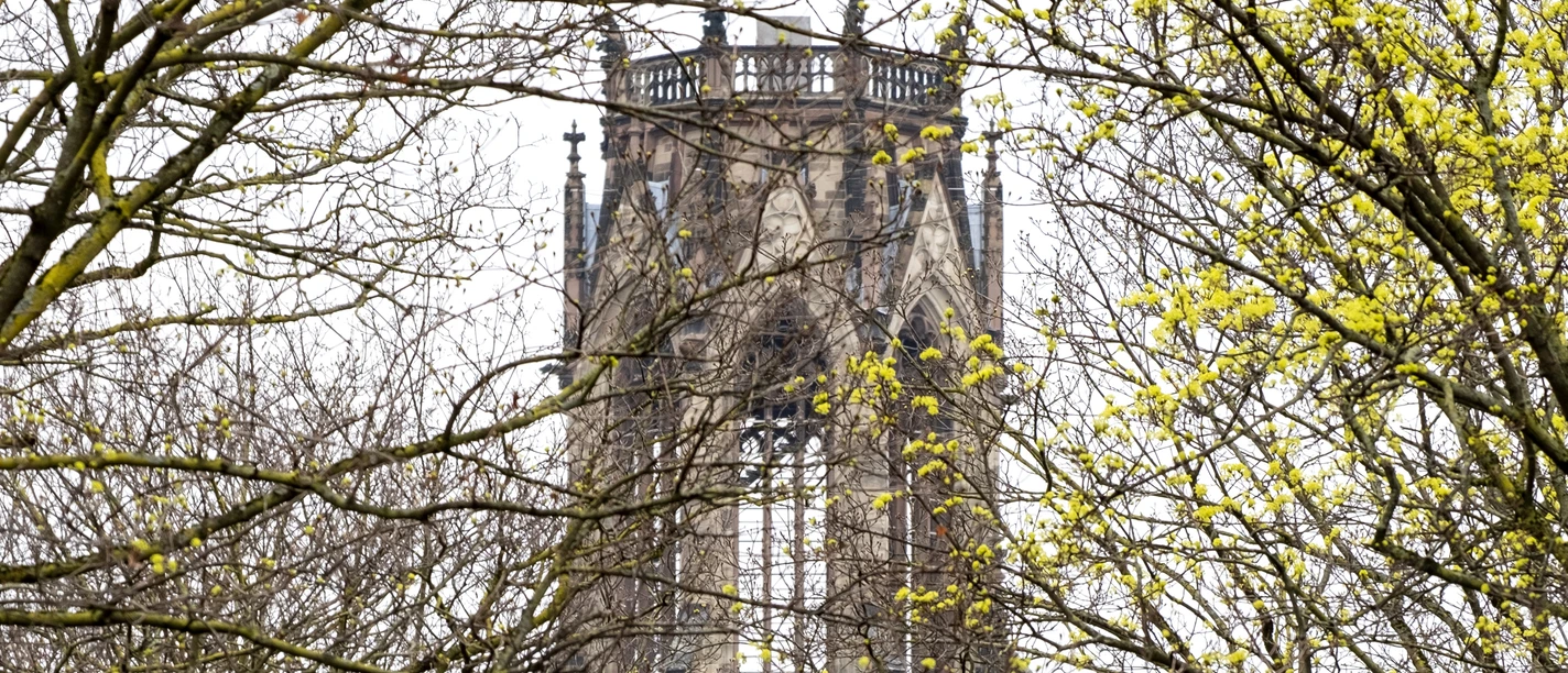 St. Agnes Kirchturm von St. Agnes in Köln, von frühlingshaften Baumzweigen eingerahmt