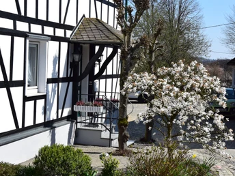 Fachwerkhäuser in Nümbrecht - Marienberghausen <p>Fachwerkhaus mit blühendem Baum, Eingangsbereich, gepflasterter Weg und blauer Himmel. Nümbrecht.</p>