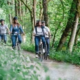 bad-driburg-radfahren-bad-driburger-touristik-gmbh-daniel-winkler-5.JPG Radfahrergruppe auf einem Waldweg, umgeben von hohen Bäumen, sonnig und naturverbunden.
