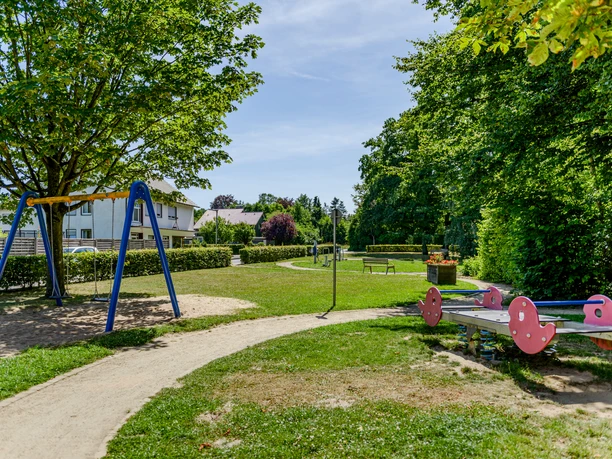 _BBB7353.jpeg Grüner Spielplatz mit Schaukel, Wipptier und Bänken, umgeben von Bäumen und Wohnhäusern im Hintergrund.