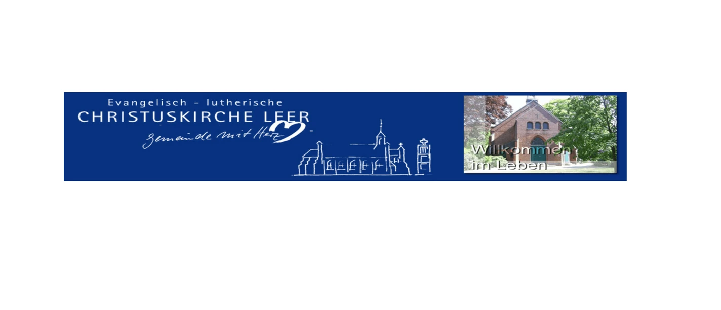 Blaues Banner der Christuskirche Leer mit Kirchenskizze und Foto des Kircheneingangs.
