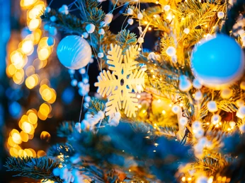 Dekoration beim Monheimer Sternenzauber mit Eislaufbahn Ein glitzernder Schneekristall zwischen leuchtenden Lichtern und Weihnachtsbaumzweigen beim Sternenzauber.