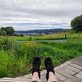 Talblick Bärenquelle - Aussicht Aussicht von einer Bank auf blühende Wiesen und einen Hügel am Horizont, mit dunklen Schuhen im Vordergrund.