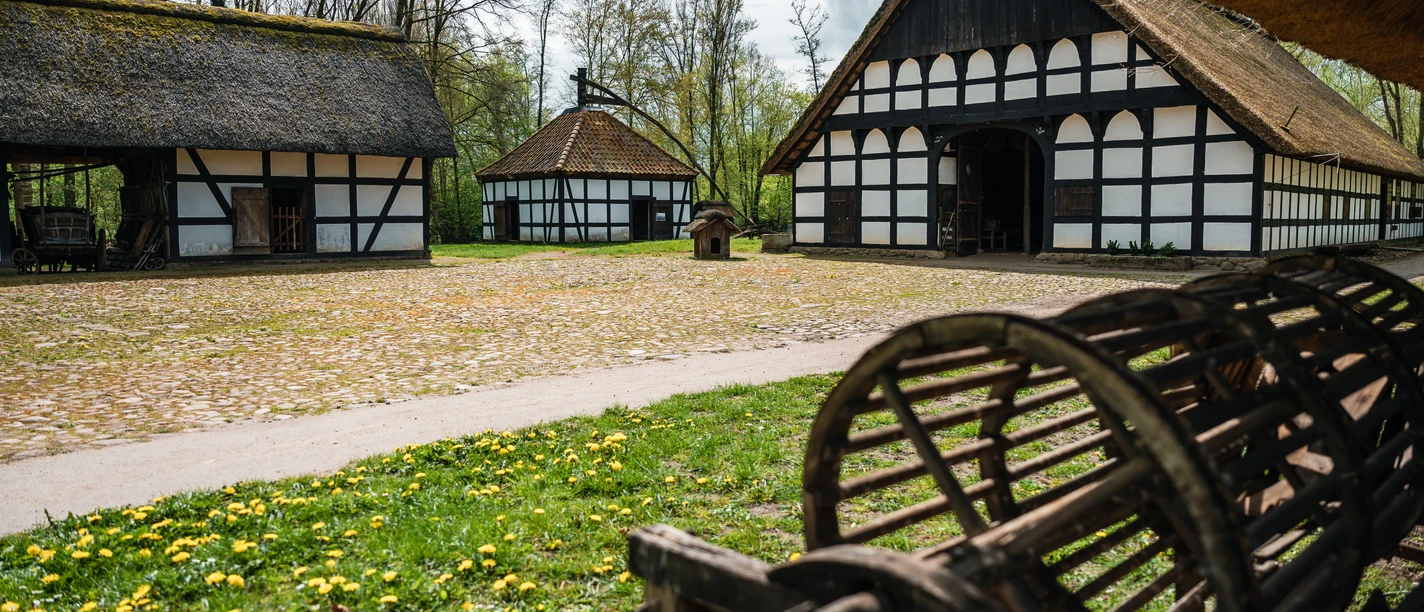 Museumshof Rossmühle Rahden Fachwerkhäuser mit Reetdächern umgeben einen gepflasterten Innenhof auf dem Museumshof Rossmühle.