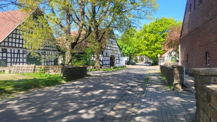 Offelten Fachwerkhäuser flankieren eine schattige Landstraße, gesäumt von blühenden Bäumen und auffallendem Mauerwerk.