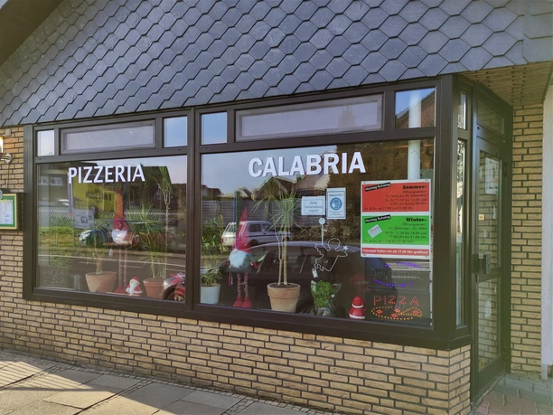 Außenansicht einer Pizzeria mit großen Fenstern, Pflanzen, Weihnachtsdeko und Werbeplakaten.