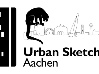 Das Logo zeigt eine schwarz-weiße Darstellung der bekanntesten Sehenswürdigkeiten Aachens. Darunter steht der Schriftzug „Urban Sketchers Aachen“.