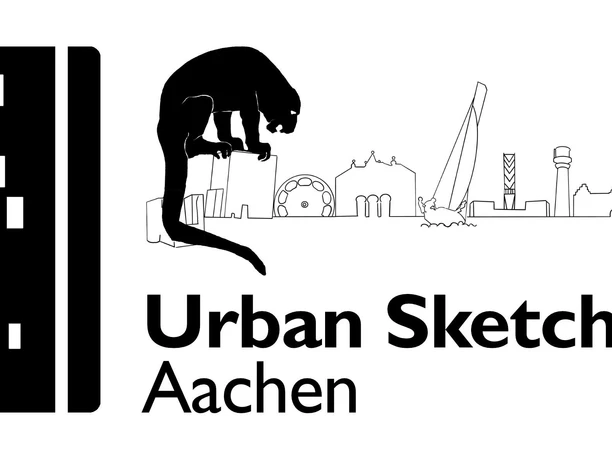 Das Logo zeigt eine schwarz-weiße Darstellung der bekanntesten Sehenswürdigkeiten Aachens. Darunter steht der Schriftzug „Urban Sketchers Aachen“.
