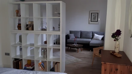7_Schlafbereich.jpg Offener Wohnraum mit Regal als Raumteiler, Blick auf graues Sofa und dekorativen Elementen.