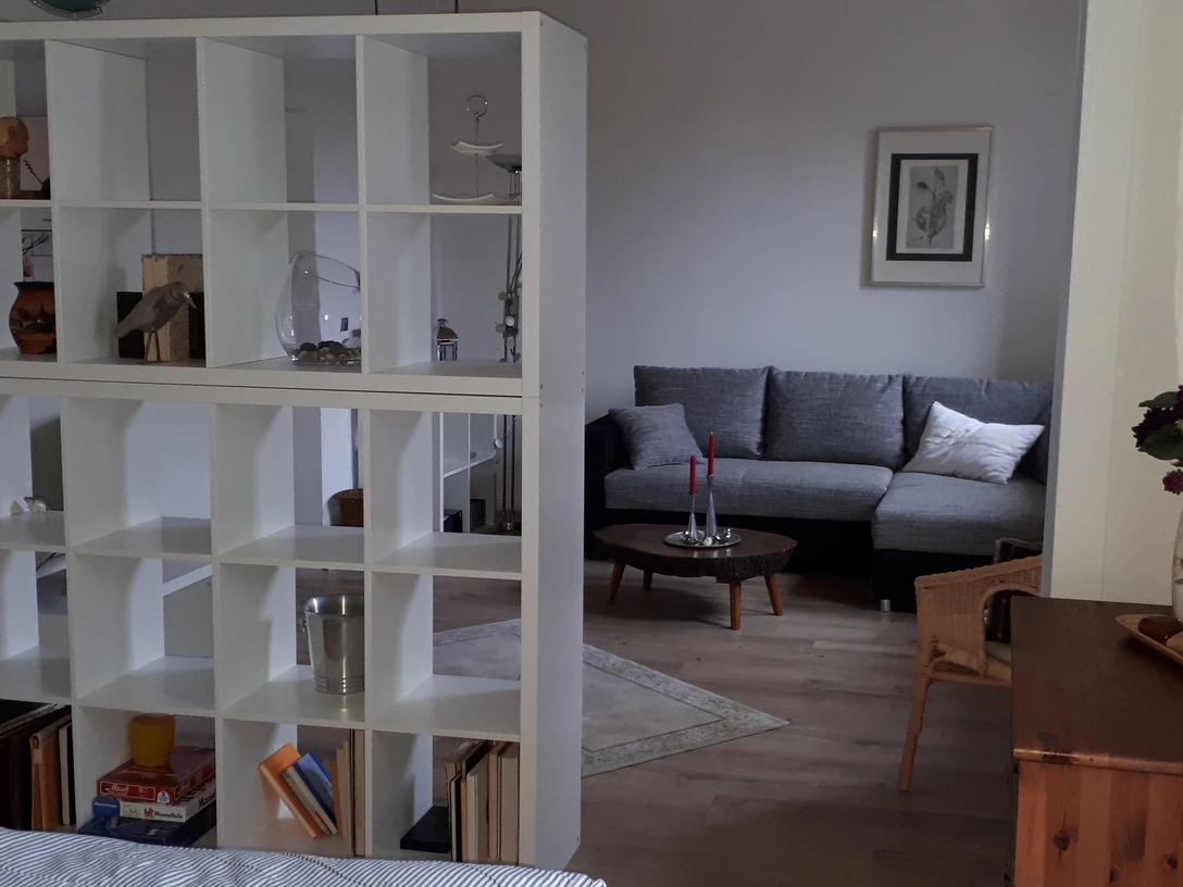 7_Schlafbereich.jpg Offener Wohnraum mit Regal als Raumteiler, Blick auf graues Sofa und dekorativen Elementen.