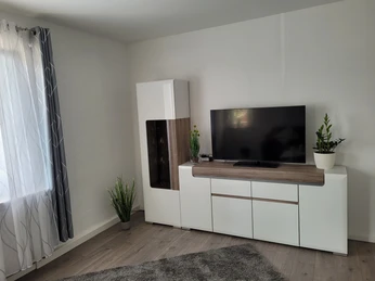 Ferienwohnung Haufe, Wohnraum Moderner Wohnraum mit schlichtem Weiß, einem Flatscreen-TV, Pflanzen und einem hübschen Teppich.