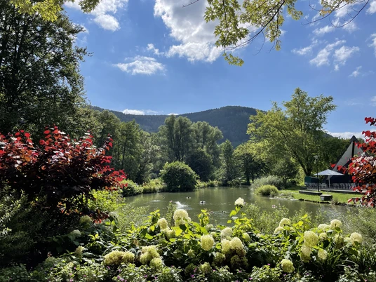 Musikpavillon TalVITAL Kurpark mit See, grünen Bäumen und Pavillon im Hintergrund.