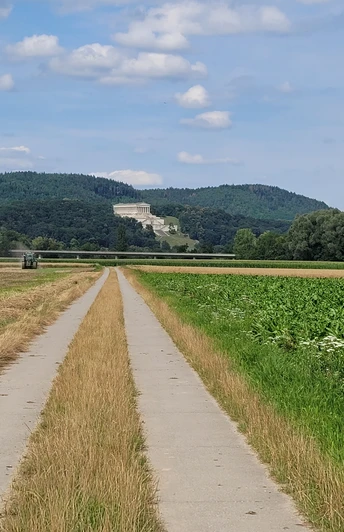 Barrierearme Tour auf den Barbinger Fluren Barrierearmer Weg auf Asphalt, umgeben von Feldern und Blick auf die Walhalla bei Donaustauf in der Ferne