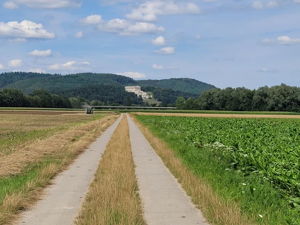 Barrierearme Tour auf den Barbinger Fluren Barrierearmer Weg auf Asphalt, umgeben von Feldern und Blick auf die Walhalla bei Donaustauf in der Ferne