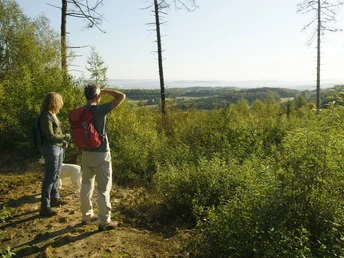 Oerlinghausen-Teutoburger-Wald-Tourismus-F-Grawe (3).JPG Zwei Wanderer und ein Hund genießen von einer Lichtung aus den weiten Blick über den Teutoburger Wald.